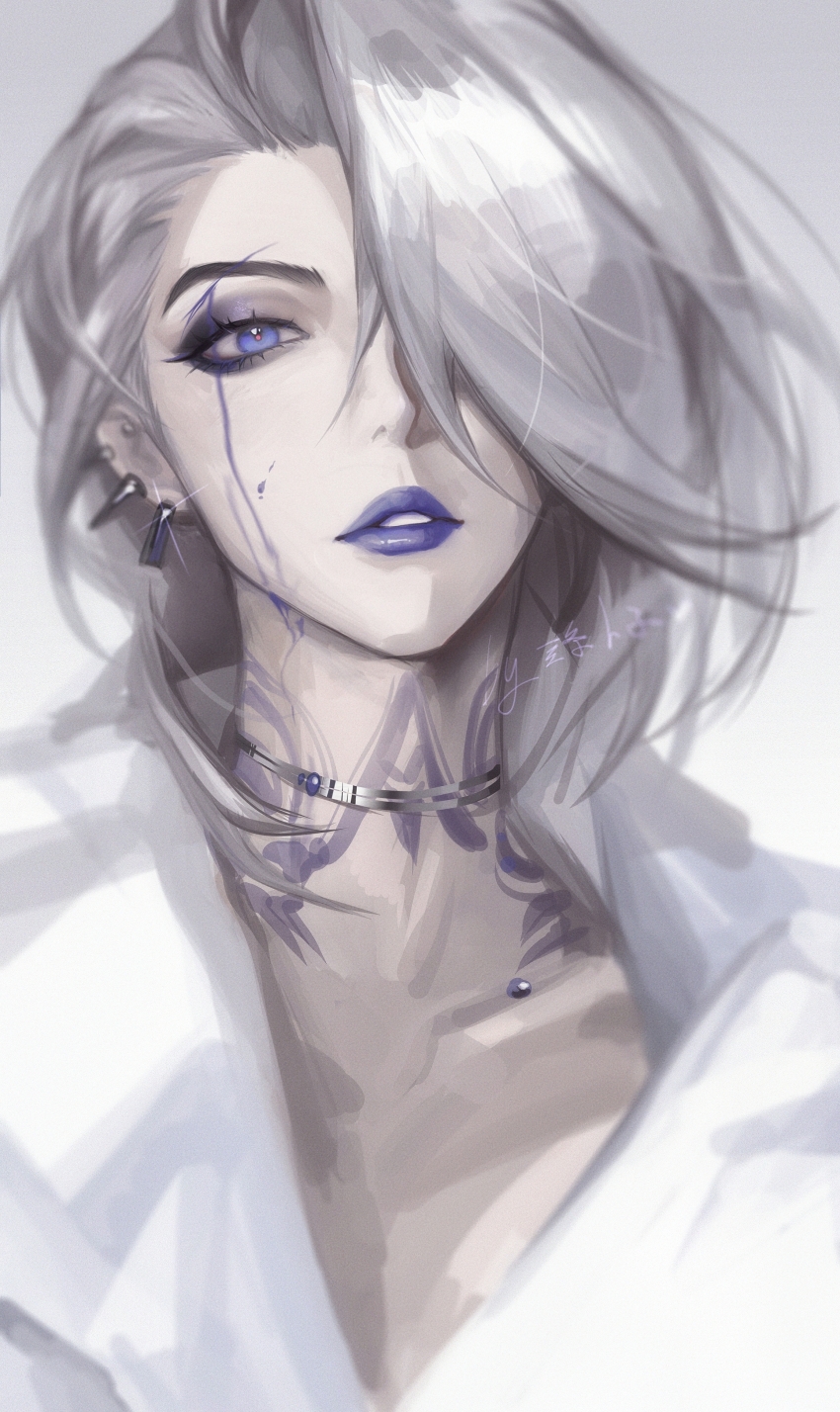 1girl, absurdres, alternate_costume, bleeding, blood, blood_on_cheek, blood_on_face, chinese_commentary, collarbone, collared_shirt, commentary, cuts, ear_piercing, eyeliner, eyeshadow, forehead, grey_background, grey_hair, hair_over_one_eye, highres, injury, kong_tiao_bo_zi, looking_at_viewer, makeup, medium_hair, neck_tattoo, one_eye_covered, parted_lips, path_to_nowhere, piercing, portrait, purple_blood, purple_eyes, purple_eyeshadow, purple_lips, shirt, signature, solo, straight-on, tattoo, white_shirt, zoya_(path_to_nowhere)