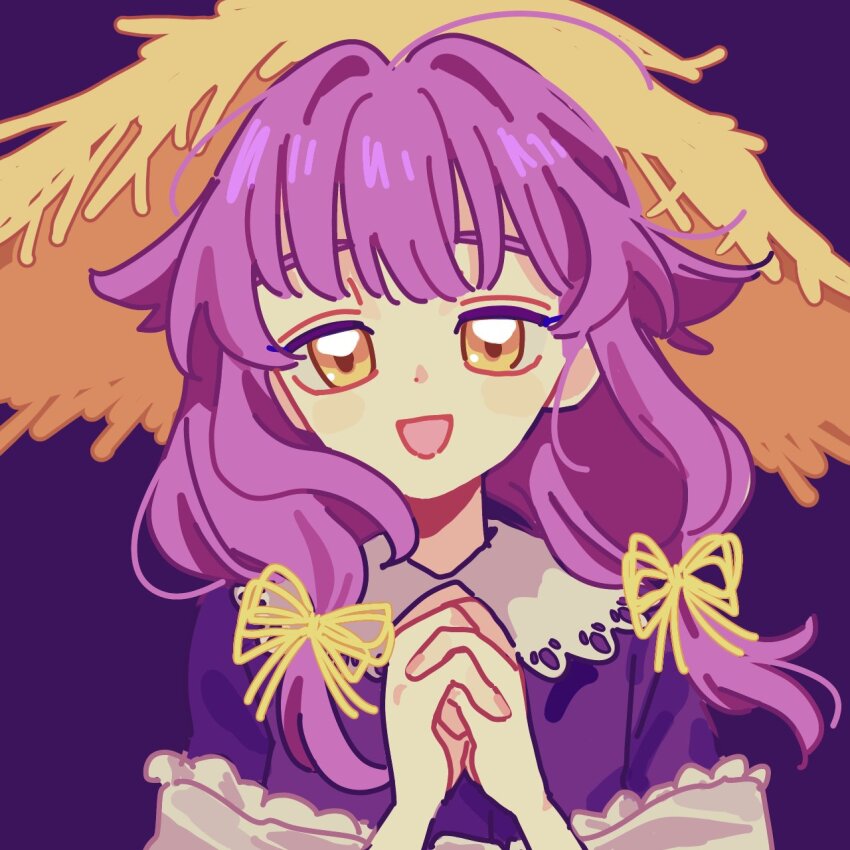 1girl, commentary, dress, english_commentary, hair_flaps, hat, highres, interlocked_fingers