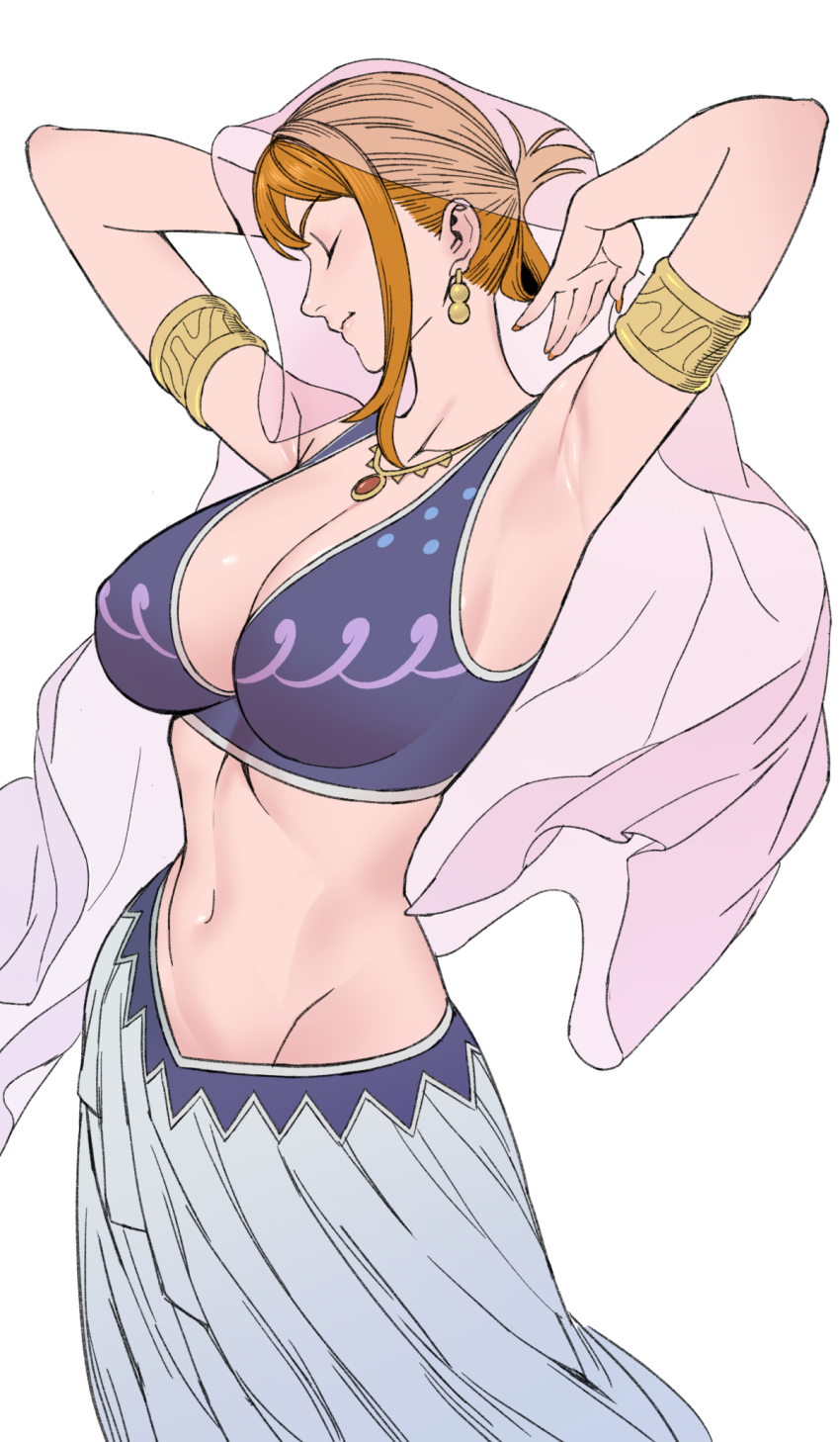 1girl, arabian_clothes, armlet, armpits, arms_up, bare_shoulders, belly_dancing, breasts, cleavage, closed_eyes, closed_mouth, commentary, cowboy_shot, crop_top, dancer, earrings, gold_earrings, hair_behind_ear, harem_outfit, highres, jewelry, large_breasts, midriff, nami_(one_piece), nami_(one_piece)_(alabasta), navel, necklace, official_alternate_costume, one_piece, orange_hair, orange_nails, pink_veil, profile, short_hair, single_sidelock, skirt, solo, uukkaa, veil, white_background, white_skirt