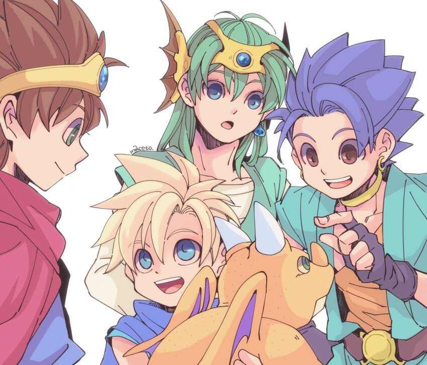 29qmatatavi, 4boys, belt, blonde_hair, blue_cape, blue_cloak, blue_eyes, blue_gem, blue_hair, blue_tunic, brown_eyes, brown_hair, cape, child, circlet, cloak, collarbone, dragon, dragon_quest, dragon_quest_iii, dragon_quest_iv, dragon_quest_v, dragon_quest_vi, earrings, fingerless_gloves, gem, gloves, green_hair, green_tunic, headset, hero's_son_(dq5), hero_(dq3), hero_(dq4), hero_(dq6), jewelry, long_sleeves, looking_at_another, male_focus, medium_hair, monster, multiple_boys, neck_ring, open_mouth, parted_lips, red_cape, roto_(dq3), shirt, short_hair, small_fry_(dragon_quest), smile, spiked_hair, teeth, tunic, upper_body, upper_teeth_only, white_background, white_shirt