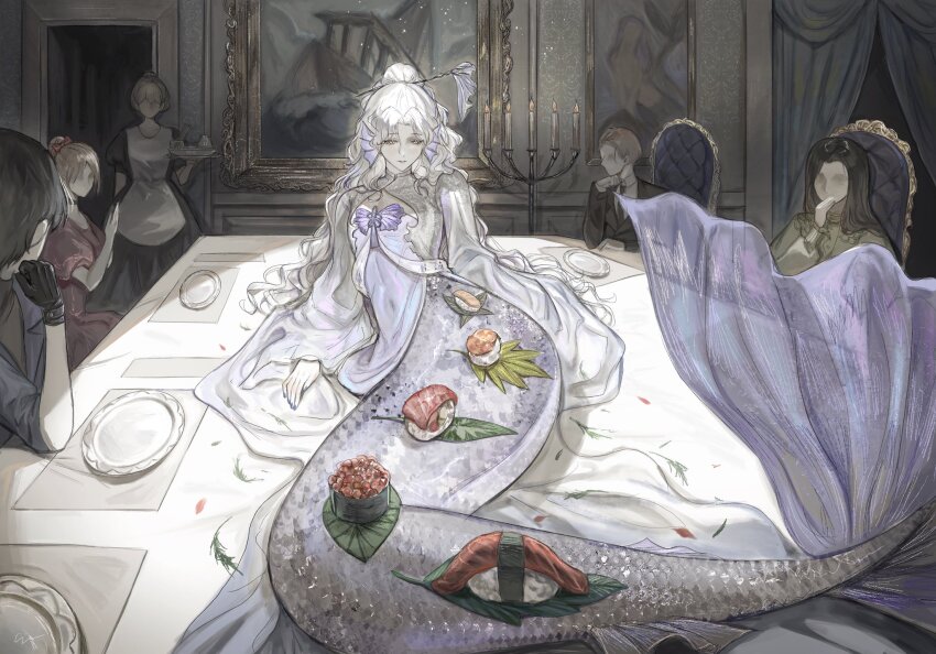 1girl, apron, black_choker, black_dress, black_gloves, black_necktie, black_suit, bow