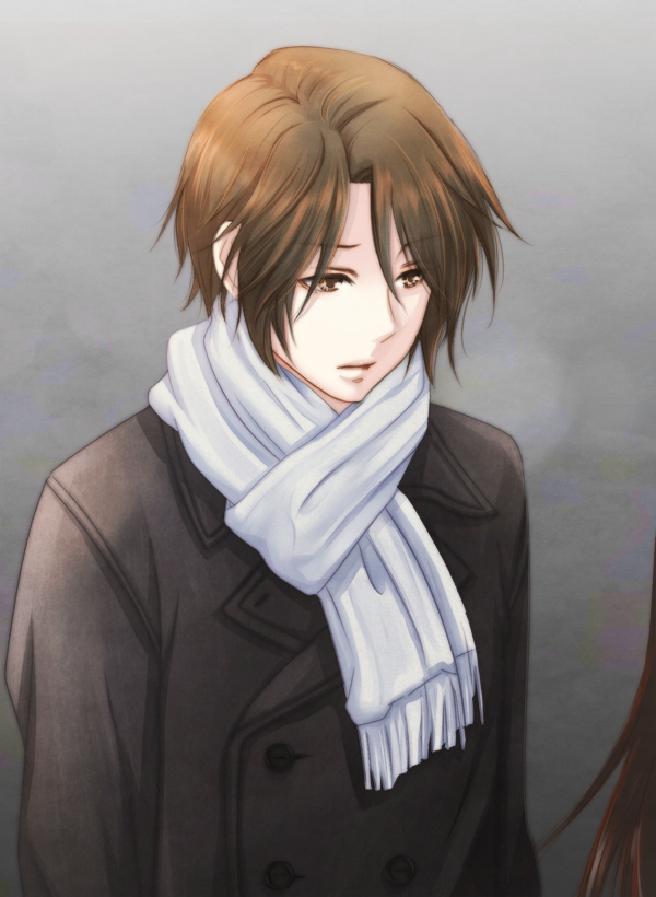 10s, 1boy, brown_eyes, brown_hair, coat, gradient_background, kaja, koizumi_itsuki