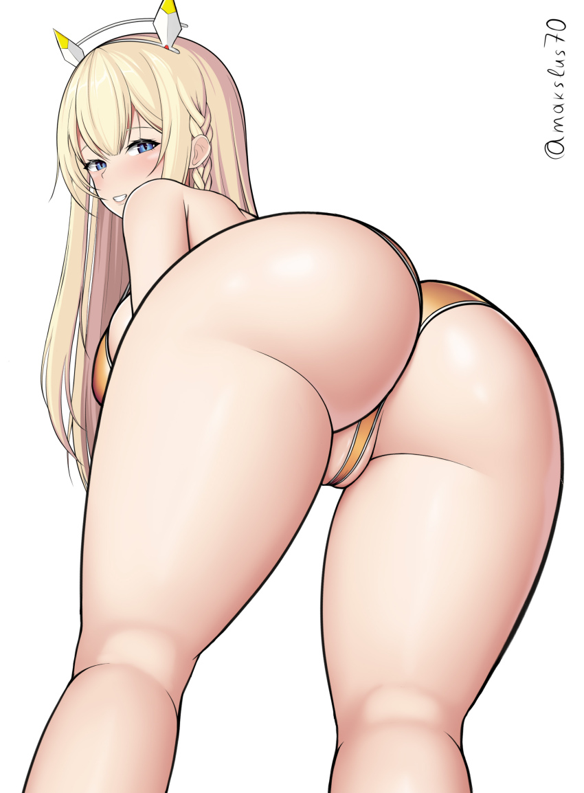 1girl, absurdres, ass, bent_over, bikini, blonde_hair, blue_eyes, blush, braid, breasts, from_behind, goddess_of_victory:_nikke, grin, hair_between_eyes, headgear, highres, large_breasts, long_hair, looking_at_viewer, looking_back, makslus, orange_bikini, partially_visible_vulva, sidelocks, simple_background, smile, solo, swimsuit, tove_(nikke), twitter_username, white_background