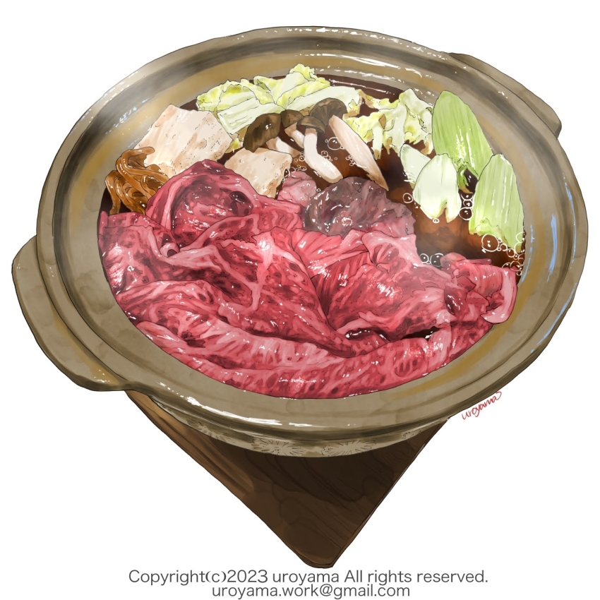beef, bowl, copyright_notice, email_address, food, food_focus, highres, hotpot