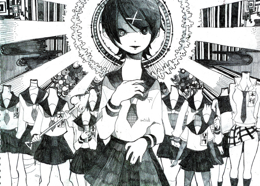 00s, 6+girls, bad_id, bad_pixiv_id, bandages, black_hair, blood, cellphone, charcoal_(medium), chinamo, dark_skin, dark-skinned_female, everyone, flower, fujiyoshi_harumi, fuura_kafuka, greyscale, hair_ornament, hairclip, halo, hand_on_another's_chest, hand_on_own_chest, headless, highres, hitou_nami, itoshiki_rin, kaga_ai, kimura_kaere, kitsu_chiri, kobushi_abiru, light_rays, lineup, mitama_mayo, monochrome, multiple_girls, necktie, open_mouth, otonashi_meru, patterned, petals, phone, ringo_mogire_beam, sayonara_zetsubou_sensei, school_uniform, sekiutsu_maria_tarou, serafuku, short_hair, shovel, skirt, sunbeam, sunburst, sunlight, surreal, traditional_media, worktool