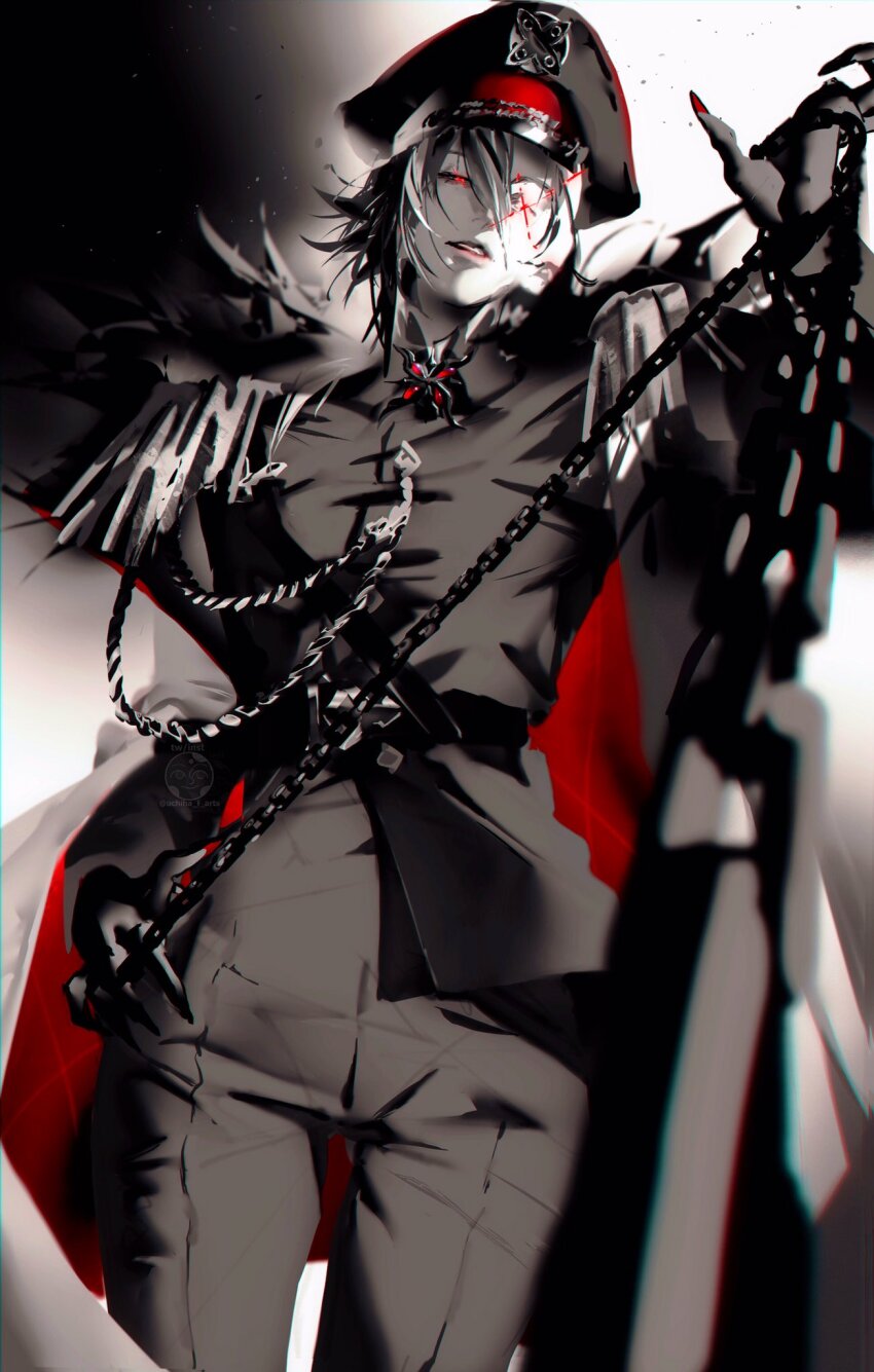 1girl, arlecchino_(genshin_impact), black_nails, black_pants, chain, genshin_impact, hat, highres