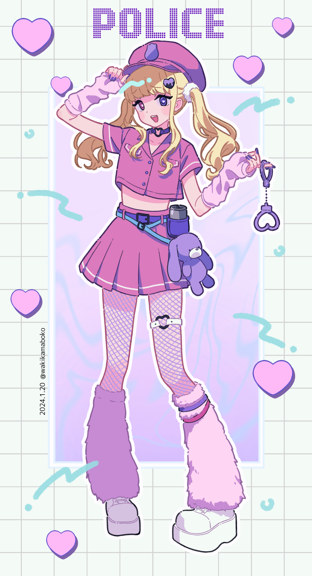 1girl, :d, arm_wrestling, blonde_hair, newsboy_cap, collared_shirt, commentary, crop_top