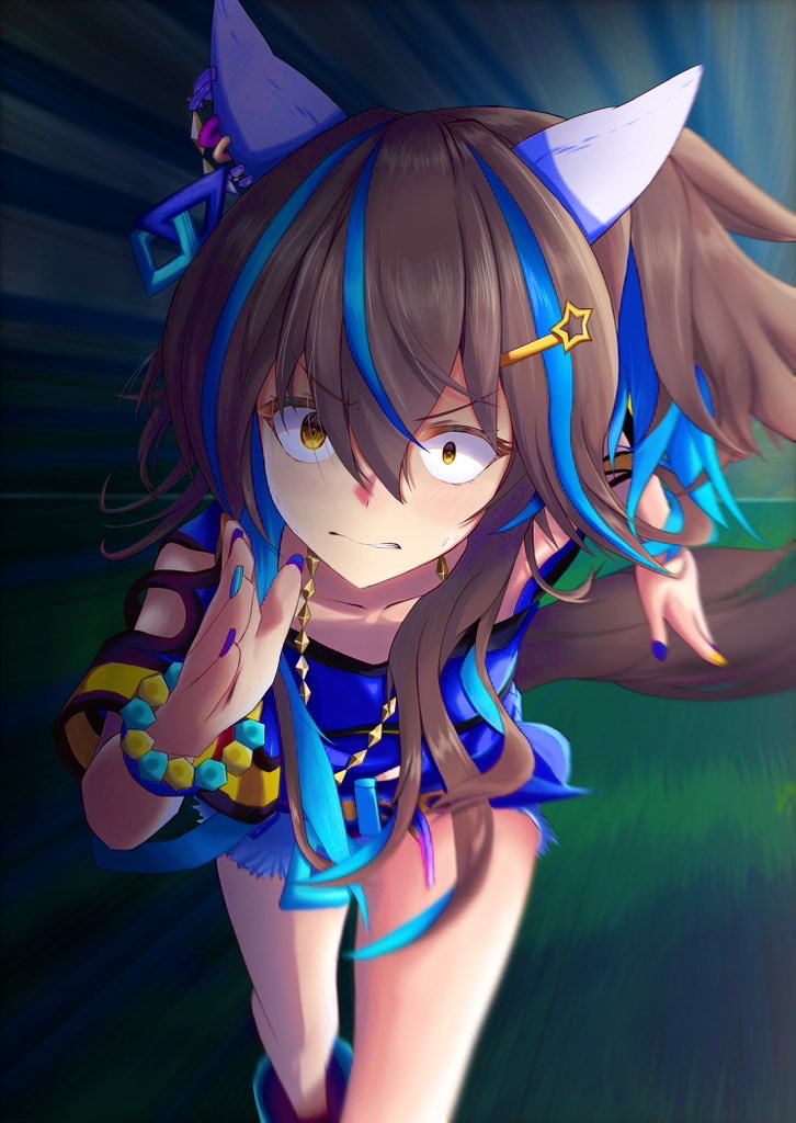 1girl, animal_ears, belt, blue_hair, blue_shirt, brown_hair, colored_inner_hair, commentary_request