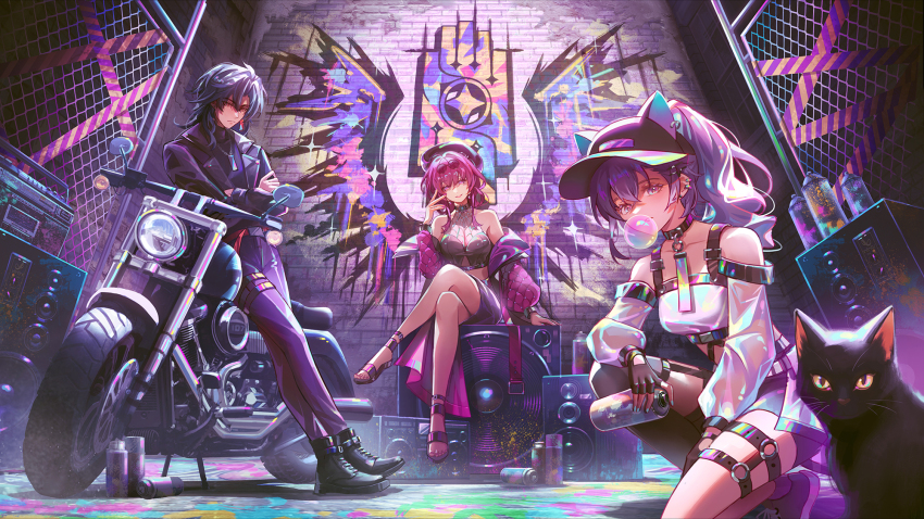 1boy, 2girls, alternate_costume, alternate_hairstyle, black_cat, black_hair, black_suit, blade_(honkai:_star_rail), breasts, cat, chewing_gum, ear_piercing, earrings, formal_clothes, grey_eyes, highres, honkai:_star_rail, honkai_(series), jessica_wijaya, jewelry, kafka_(honkai:_star_rail), large_breasts, looking_at_viewer, motor_vehicle, motorcycle, multiple_girls, piercing, ponytail, purple_eyes, purple_hair, silver_wolf_(honkai:_star_rail), small_breasts, smile, suit, yellow_eyes