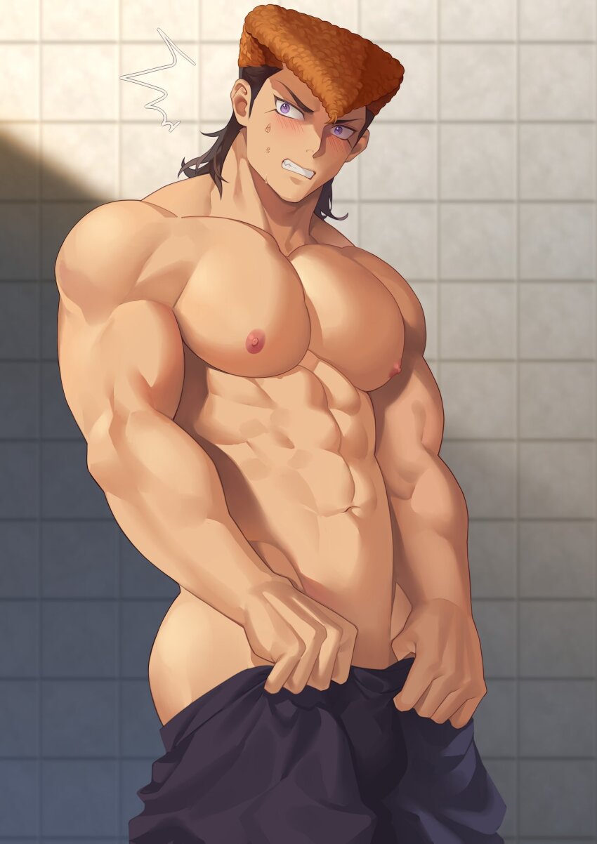 1boy, abs, ass, bara, black_hair, blush, brown_hair, clenched_teeth, clothes_pull, danganronpa:_trigger_happy_havoc, danganronpa_(series), highres, large_pectorals, male_focus, multicolored_hair, muscular, muscular_male, navel, nipples, owada_mondo, p3ta_(yio), pants, pants_pull, pectorals, pompadour, purple_eyes, short_hair, solo, sweat, teeth, topless_male, two-tone_hair