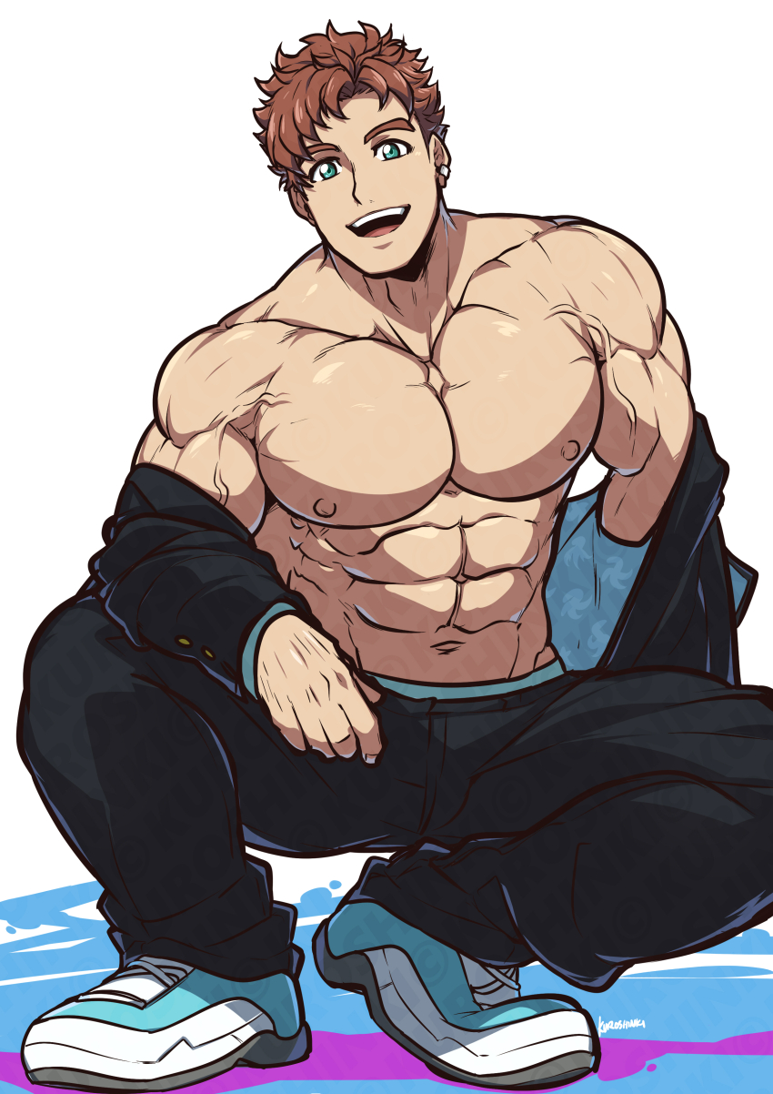 1boy, abs, absurdres, asamine_matakara, bara, black_jacket, black_pants, blue_eyes, brown_hair, bucchigiri, highres, jacket, kuroshinki, large_pectorals, male_focus, muscular, muscular_male, navel, nipples, open_clothes, open_jacket, open_mouth, pants, pectorals, short_hair, smile, solo, squatting