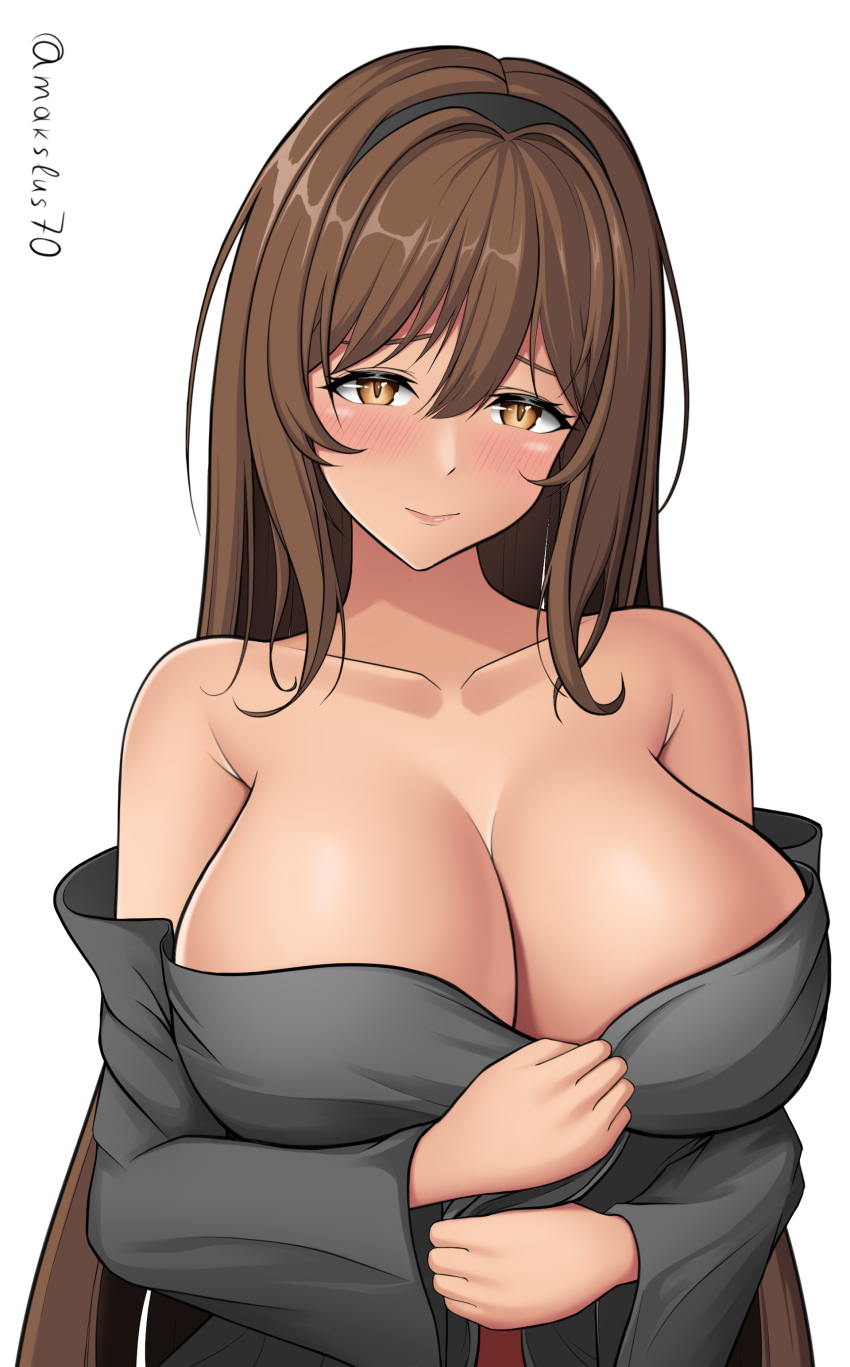 1girl, absurdres, bare_shoulders, black_shirt, blush, breasts, brown_eyes, brown_hair