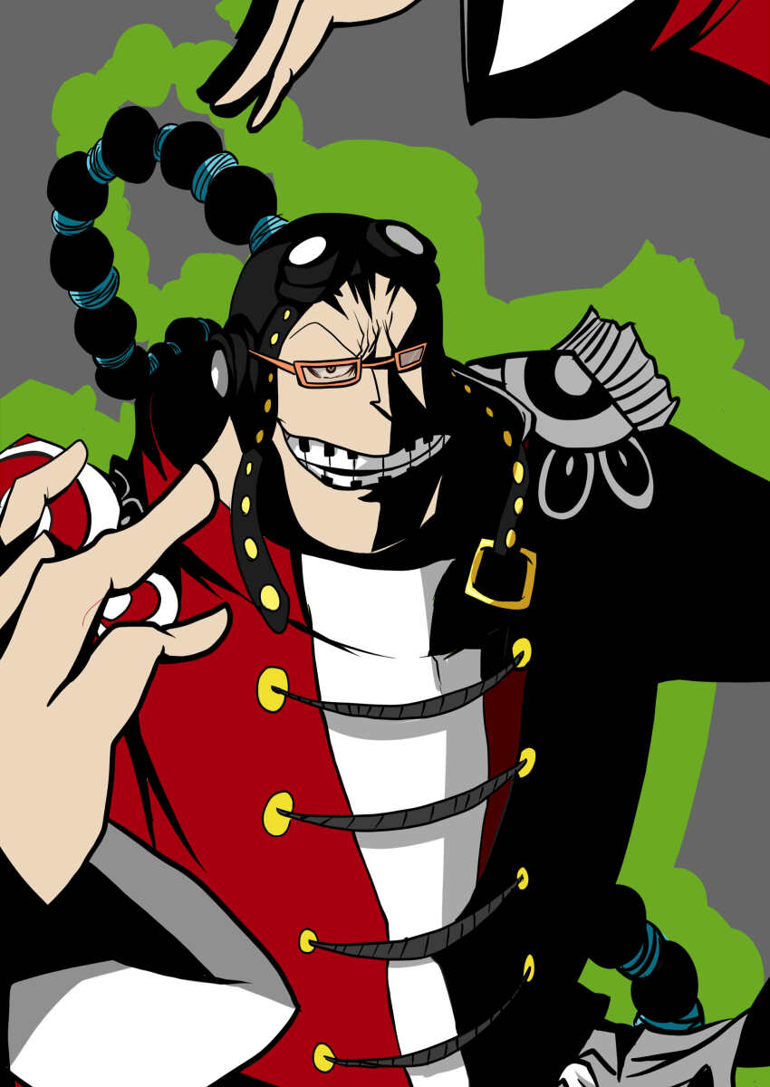 1boy, absurdres, aviator_cap, clenched_teeth, commentary_request, epaulettes, eyewear_on_head, glasses