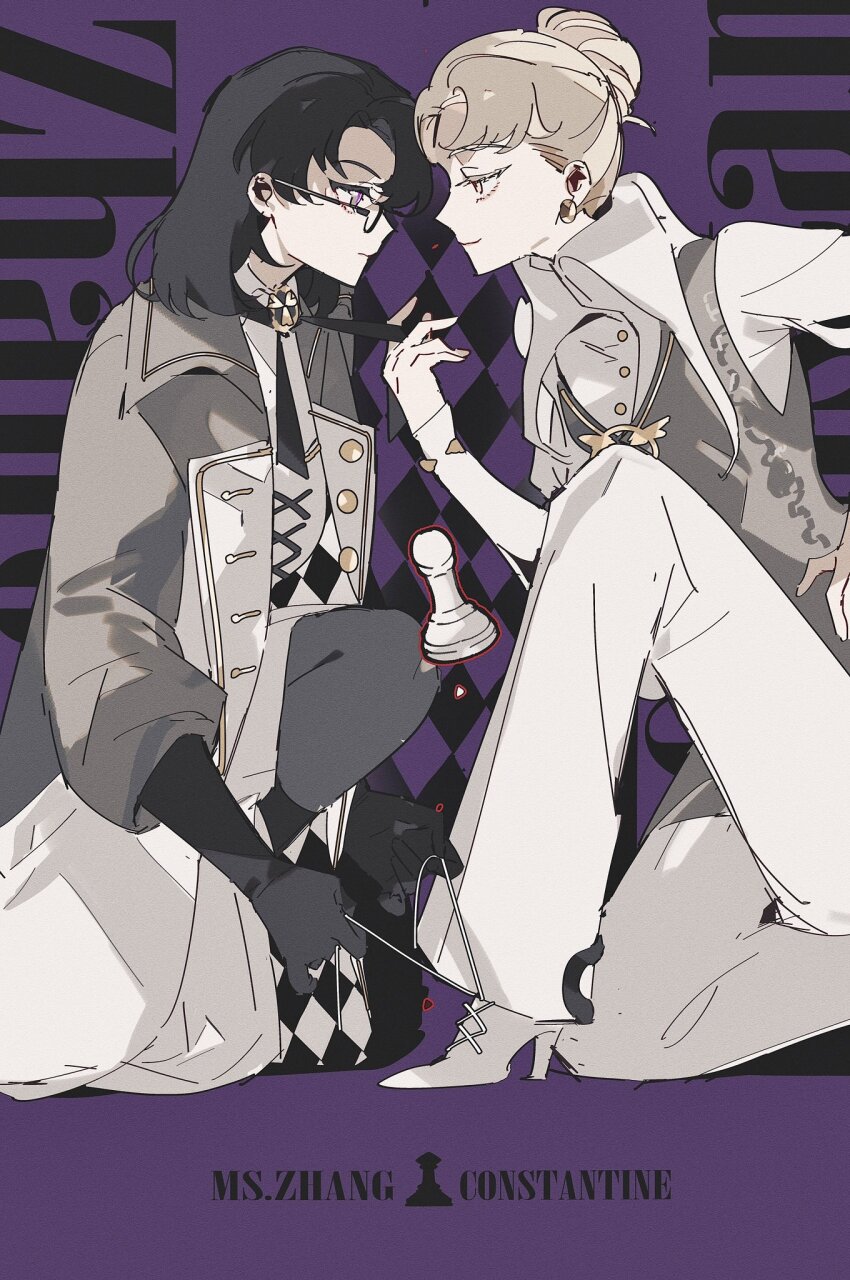 2girls, black_gloves, black_hair, black_ribbon, brown_hair, character_name, chess_piece, closed_mouth