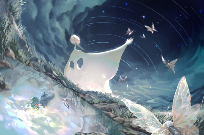 2others, absurdres, androgynous, animal, aqua_hair, bug, butterfly, clipboard, cloud, commentary, day_and_night, different_reflection, dual_persona, dutch_angle, from_side, gem_uniform_(houseki_no_kuni), grass, green_hair, highres, holding, holding_clipboard, houseki_no_kuni, insect, light_particles, moth, multiple_others, night, on_ground, other_focus, outstretched_arm, phosphophyllite, phosphophyllite_(10000), pond, puffy_short_sleeves, puffy_sleeves, reaching, reflection, robe, sarie_(zyy842434511), short_hair, short_sleeves, sitting, sky, spoilers, star_(sky), star_trail, untranslatable_commentary, water, white_robe, yellow_butterfly