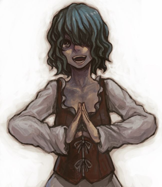 1990s_(style), 1girl, bad_id, bad_pixiv_id, berserk, blue_eyes, blue_hair, curly_hair, female_focus, hair_over_one_eye, happy, haruhito_(divineshalt), haruhito_(pixiv22545), isma, laughing, matching_hair/eyes, retro_artstyle, solo