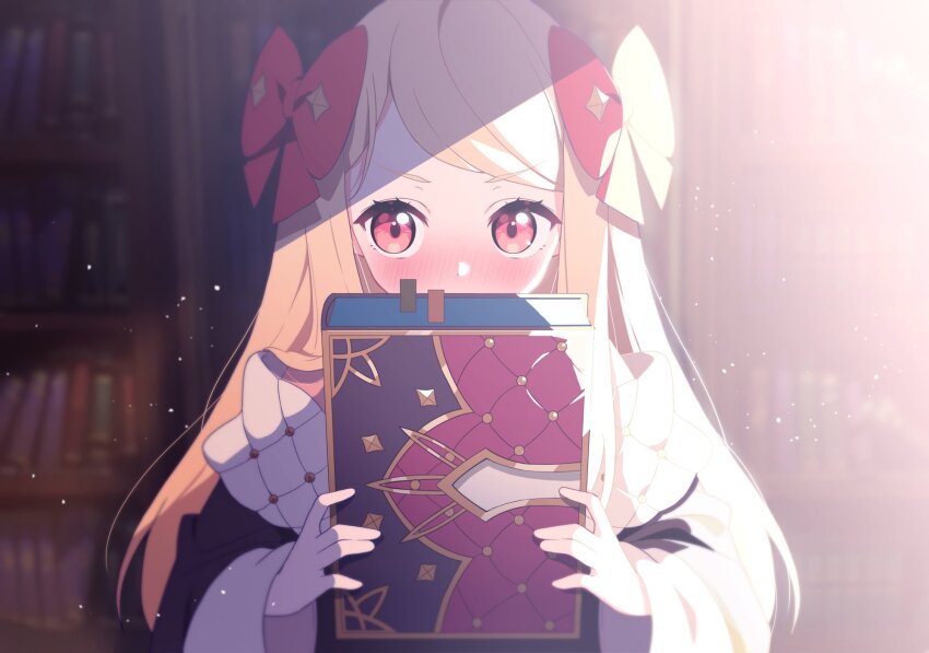 1girl, bare_shoulders, black_coat, blonde_hair, blush, book, bookshelf, bow
