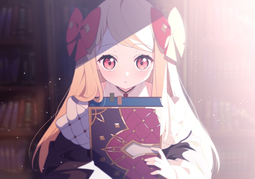 1girl, bare_shoulders, black_coat, blonde_hair, book, bookshelf, bow, coat, eversoul, hair_bow, hair_ornament, highres, holding, holding_book, light_blush, light_particles, long_hair, long_sleeves, looking_at_viewer, looking_up, manon_(eversoul), parted_lips, petite, red_bow, red_eyes, shirt, solo, sunlight, swept_bangs, upper_body, white_shirt, yotte