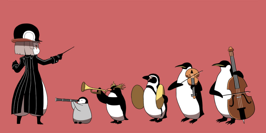 1girl, animal, animal_hat, conductor_baton, bird, bow_(music), cello, colored_skin, conductor, cymbals, gloves, hat, instrument, ken_(koala), original, penguin, penguin_(koala), simple_background, trumpet, violin, what, white_skin