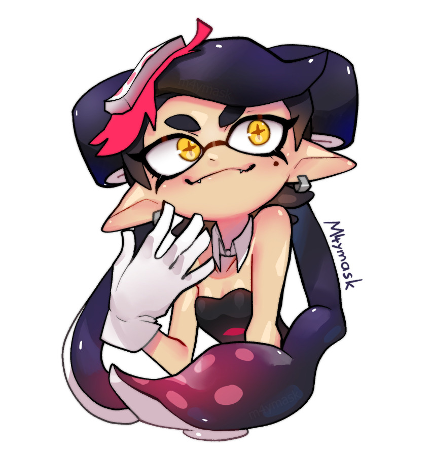 1girl, :3, artist_name, bare_shoulders, black_bodysuit, black_hair, bodysuit, callie_(splatoon)