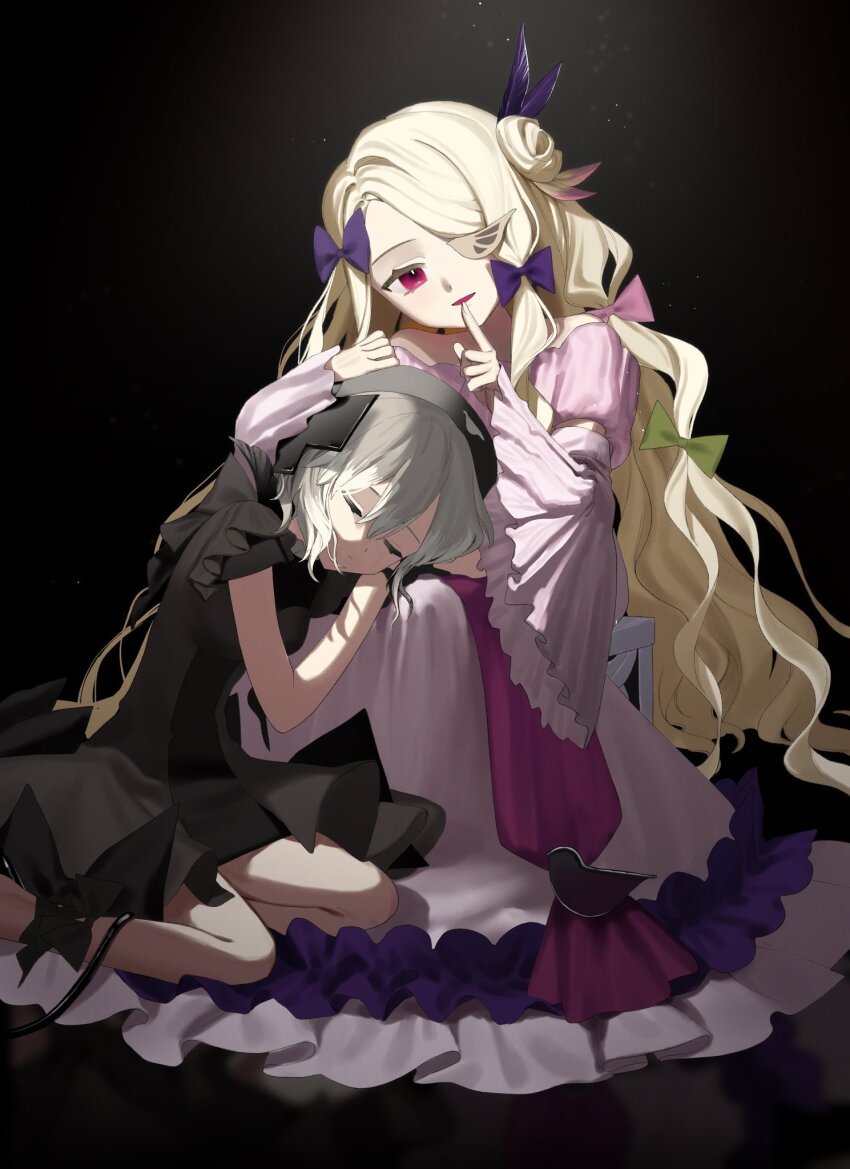 2girls, black_background, black_dress, blonde_hair, bow, chizuru_(cizz_ru), closed_eyes, dress