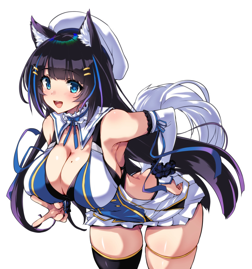 1girl, animal_ears, arm_ribbon, armpits, beret, black_hair, black_thighhighs, blue_hair