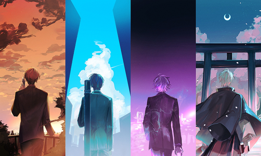 4boys, black_hair, black_hakama, black_jacket, black_pants, black_suit, blue_sky, book