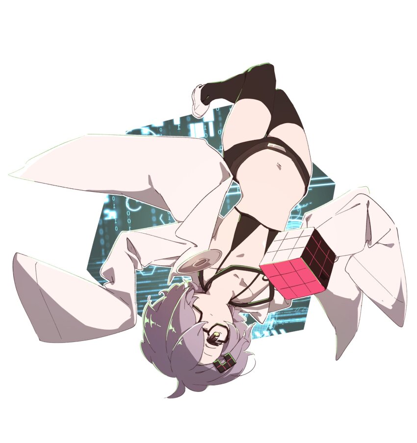 1girl, ahoge, bikini, binary, black_bikini, black_shorts, black_thighhighs, boro_(tn-boro)