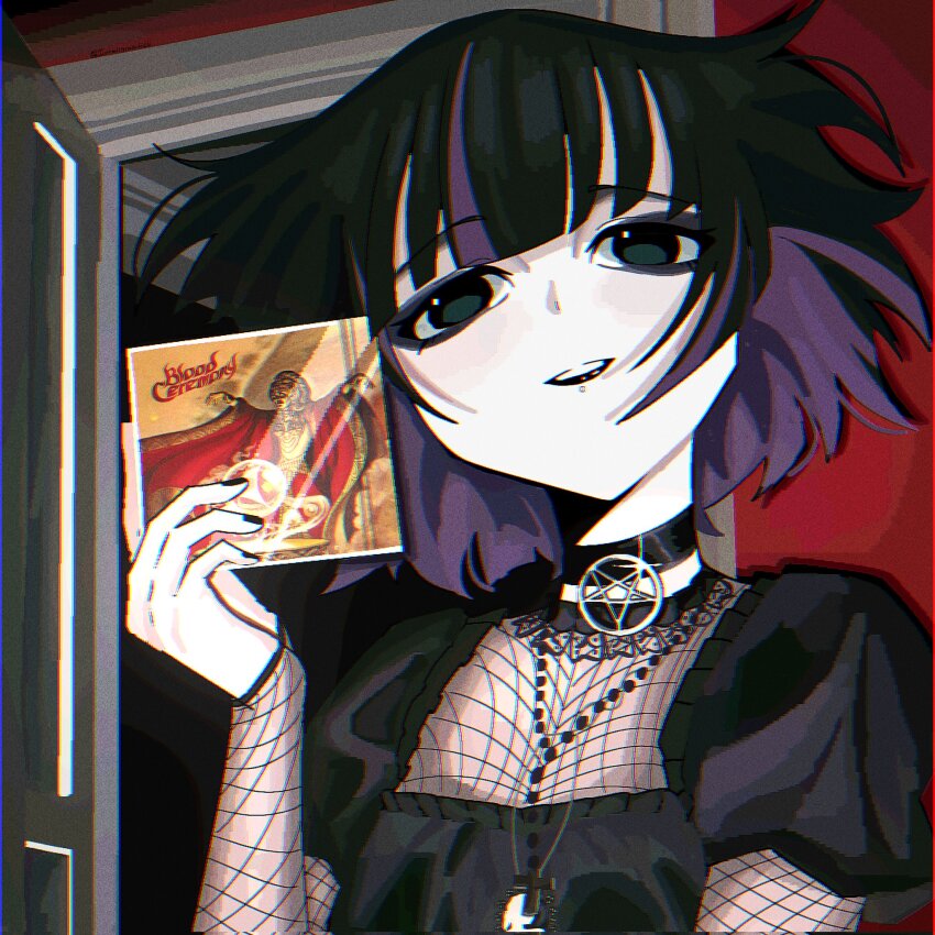 1girl, album_cover, black_lips, blood_ceremony_(band), bocchi_the_rock!, cd_case, choker, cover