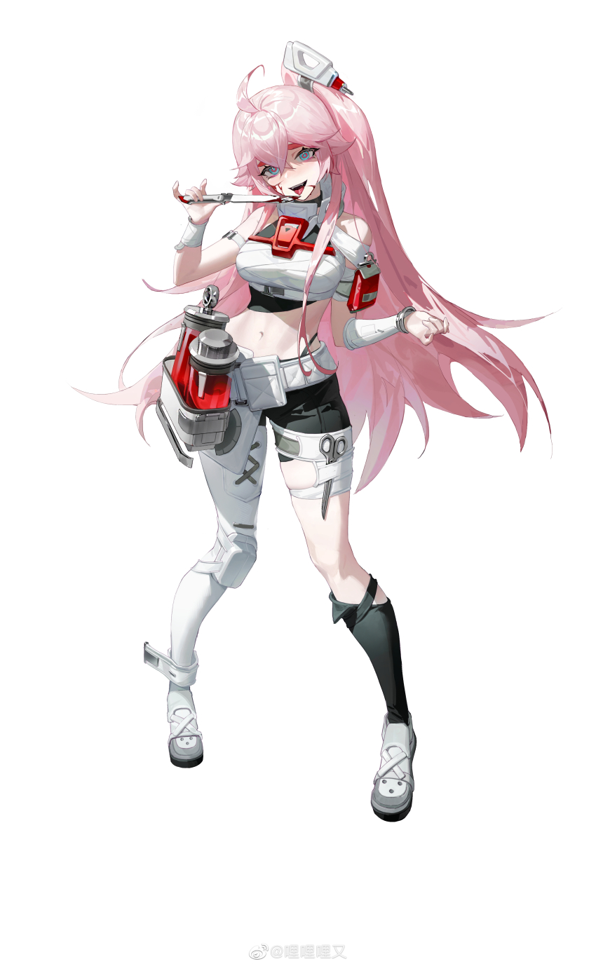 1girl, :d, absurdres, ahoge, ambiguous_red_liquid, bare_shoulders, belt, black_shorts, black_socks, blood, blood_on_face, bloody_knife, blue_eyes, breasts, fangs, full_body, hair_between_eyes, hand_up, highres, holding, holding_knife, jar, kleins, knees_together_feet_apart, knife, licking, licking_blood, licking_weapon, long_hair, lyooo_6, medium_breasts, mikania_(kleins), navel, official_art, open_mouth, pantyhose, pink_hair, ponytail, ringed_eyes, sarashi, shaded_face, shorts, single_leg_pantyhose, single_sock, smile, socks, solo, stomach, surgical_scissors, tachi-e, teeth, thick_eyebrows, tongue, tongue_out, upper_teeth_only, very_long_hair, watermark, weapon, weibo_watermark, white_background, white_belt, white_footwear, white_pantyhose, white_wrist_cuffs, wrist_cuffs