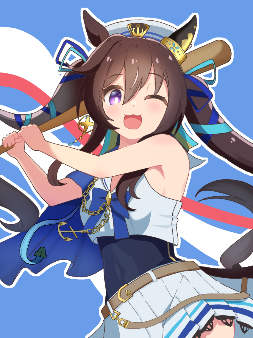 1girl, :3, ;d, animal_ears, bare_shoulders, blue_background, bonchenpint, brown_hair