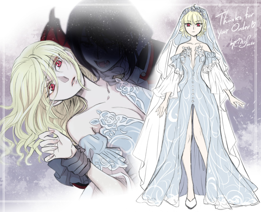 1boy, 1girl, alpaca_connect, arms_at_sides, biting, blonde_hair, blood, blue_dress