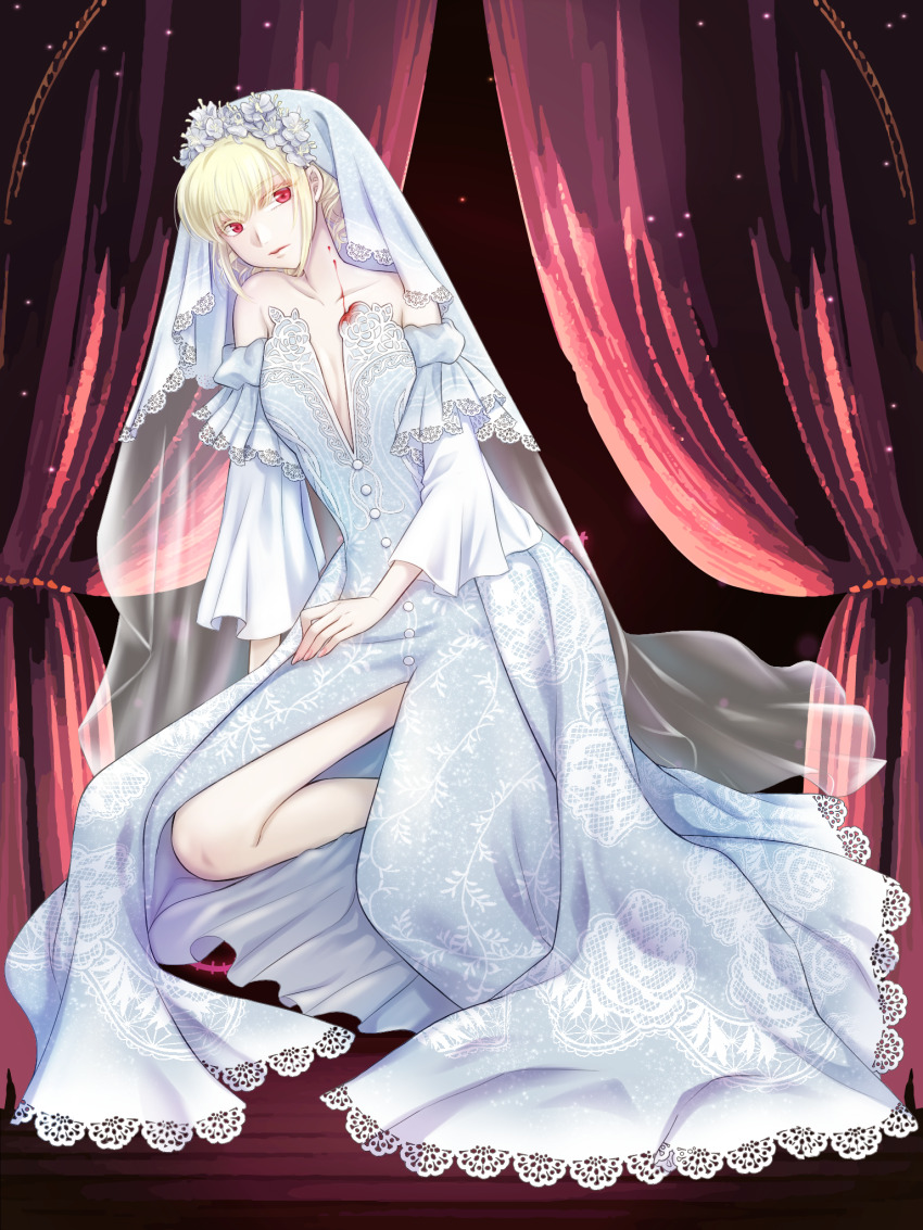 1girl, alpaca_connect, bite_mark, bite_mark_on_neck, blonde_hair, blood, blood_on_clothes, blue_dress