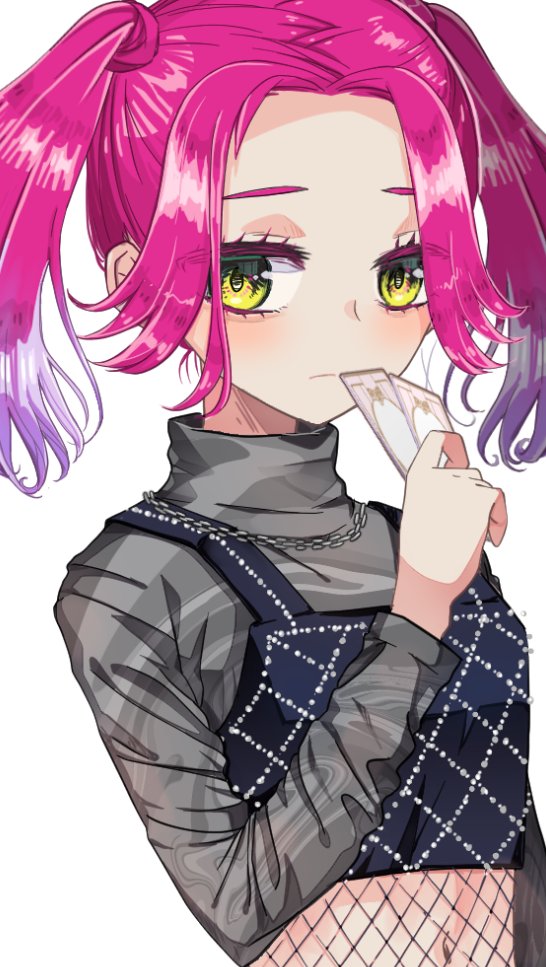 1girl, black_shirt, card, closed_mouth, commentary_request, commission, cropped_shirt, denonbu