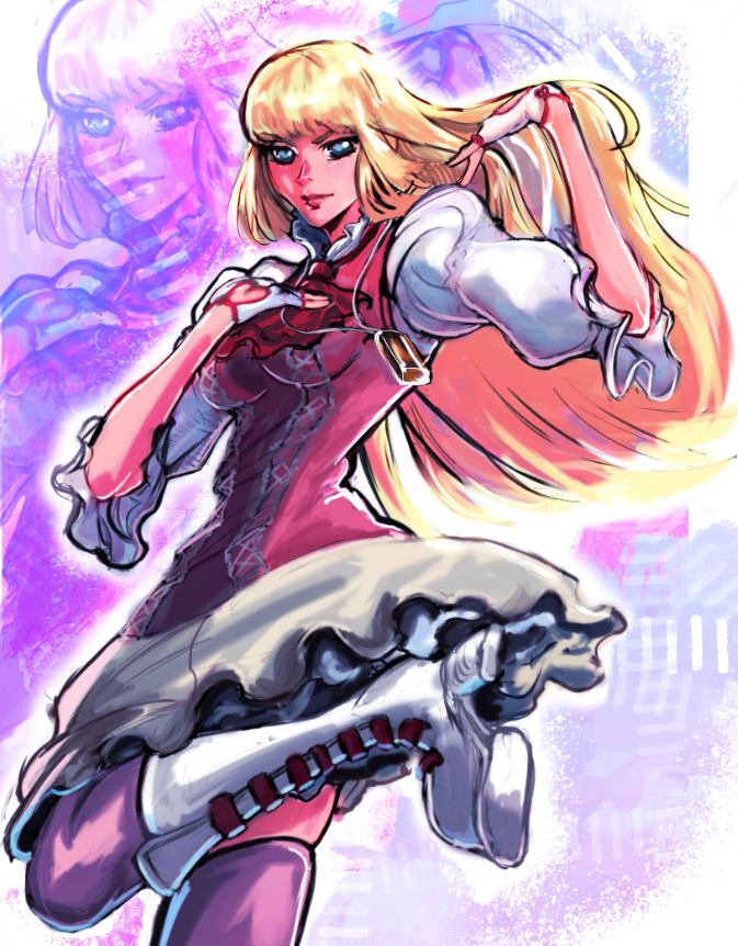1girl, blonde_hair, blue_eyes, boots, breasts, dress, emilie_de_rochefort, fingerless_gloves, from_behind, gloves, lips, long_hair, medium_breasts, short_sleeves, shoshin_arts, standing, standing_on_one_leg, tekken, tekken_8