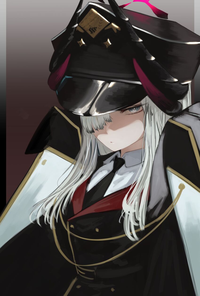 1girl, absurdres, asymmetrical_bangs, black_coat, black_hat, black_horns, black_jacket, black_necktie