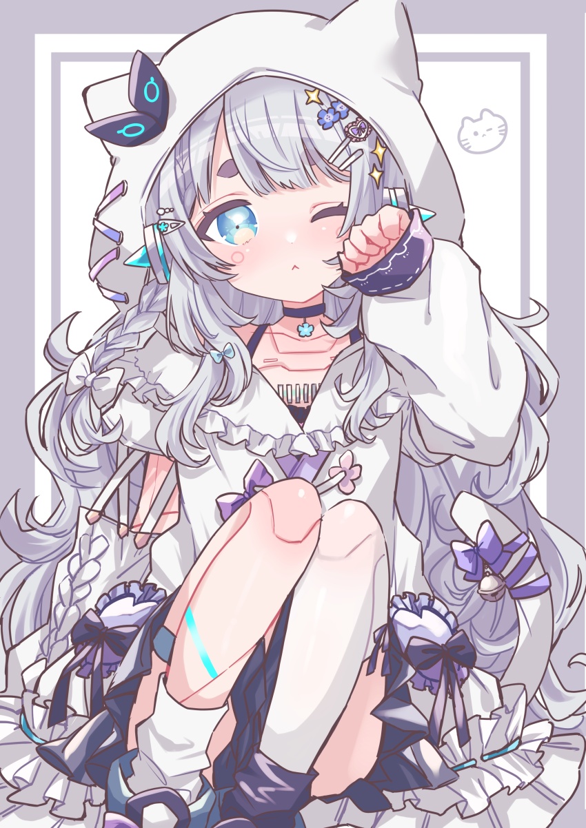 1girl, :<, absurdres, and_uge, animal_ear_hood, animal_ears, asymmetrical_legwear, black_skirt