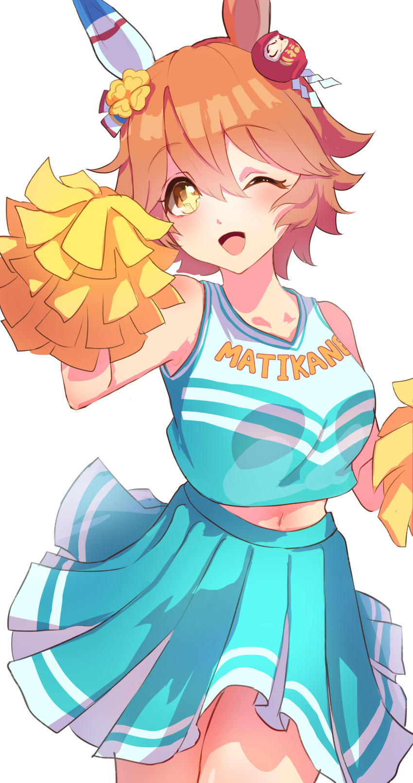 +_+, 1girl, ;d, absurdres, alternate_costume, animal_ears, cheerleader, clover_hair_ornament
