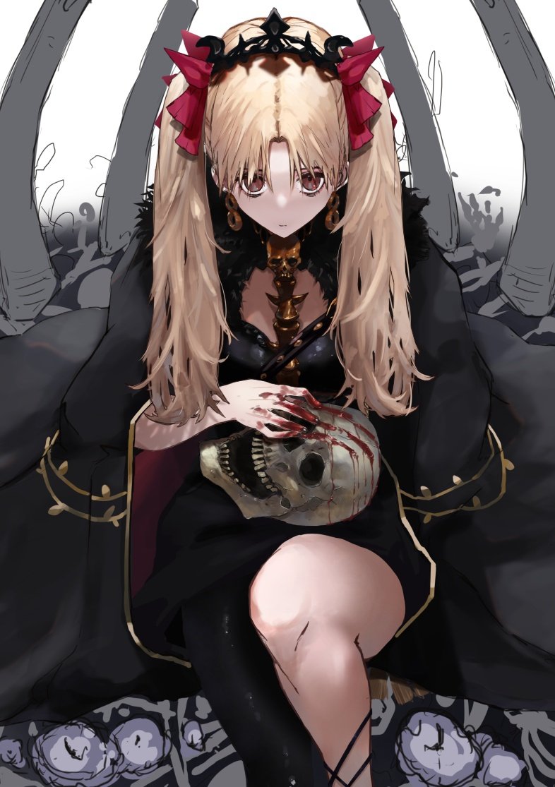 1girl, black_dress, black_headwear, black_sleeves, blonde_hair, blood, blood_on_hands, blood_on_skeleton, blush, bow, cloak, closed_mouth, crown, detached_collar, detached_sleeves, dress, earrings, ereshkigal_(fate), ereshkigal_(second_ascension)_(fate), fate/grand_order, fate_(series), gold_trim, hair_bow, haunting, holding, holding_skull, hood, hood_down, hooded_cloak, infinity_symbol, jewelry, long_hair, looking_at_viewer, neko_no_kedama, parted_bangs, pink_eyes, red_bow, red_cloak, red_eyes, single_thighhigh, sitting, sketch_background, skull, smile, solo, spine, strapless, strapless_dress, teeth, thighhighs, tiara, two_side_up, unfinished, upper_teeth_only, very_long_hair