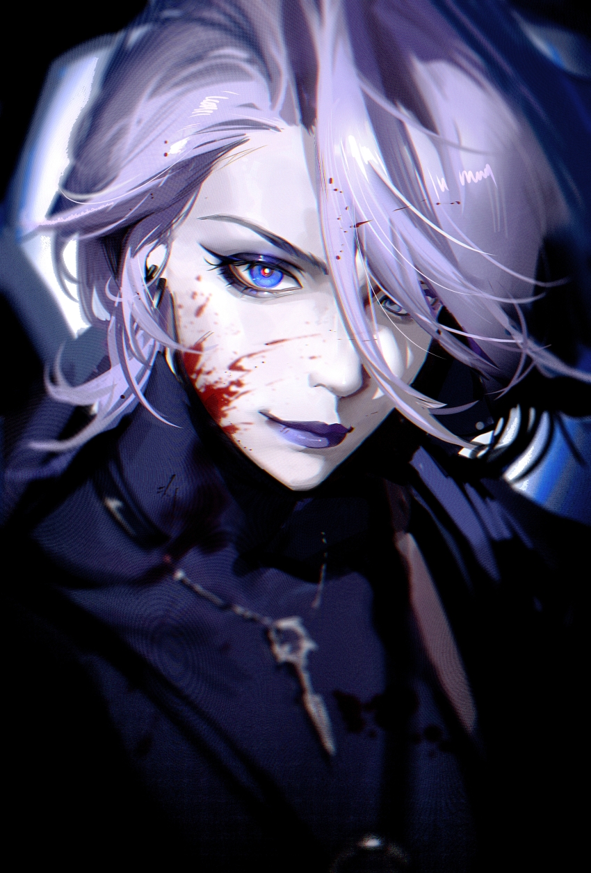 1girl, absurdres, black_jacket, black_shirt, blood, blood_in_hair, blood_on_face, blue_eyes