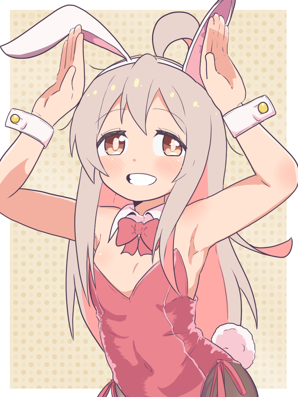 1girl, ahoge, animal_ears, armpits, arms_up, bare_arms, bare_shoulders, black_pantyhose