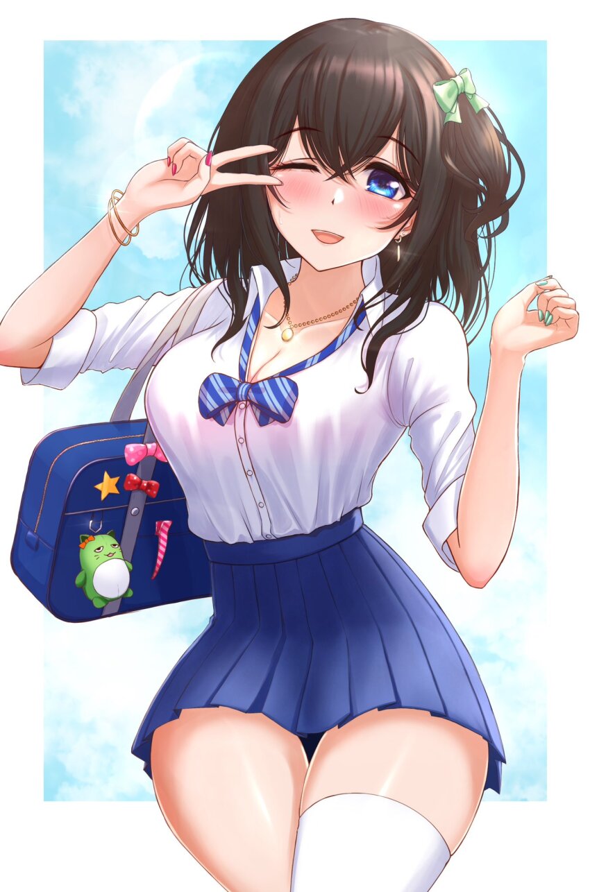 1girl, asymmetrical_legwear, bag, black_hair, blue_bow, blue_bowtie, blue_eyes, blue_skirt