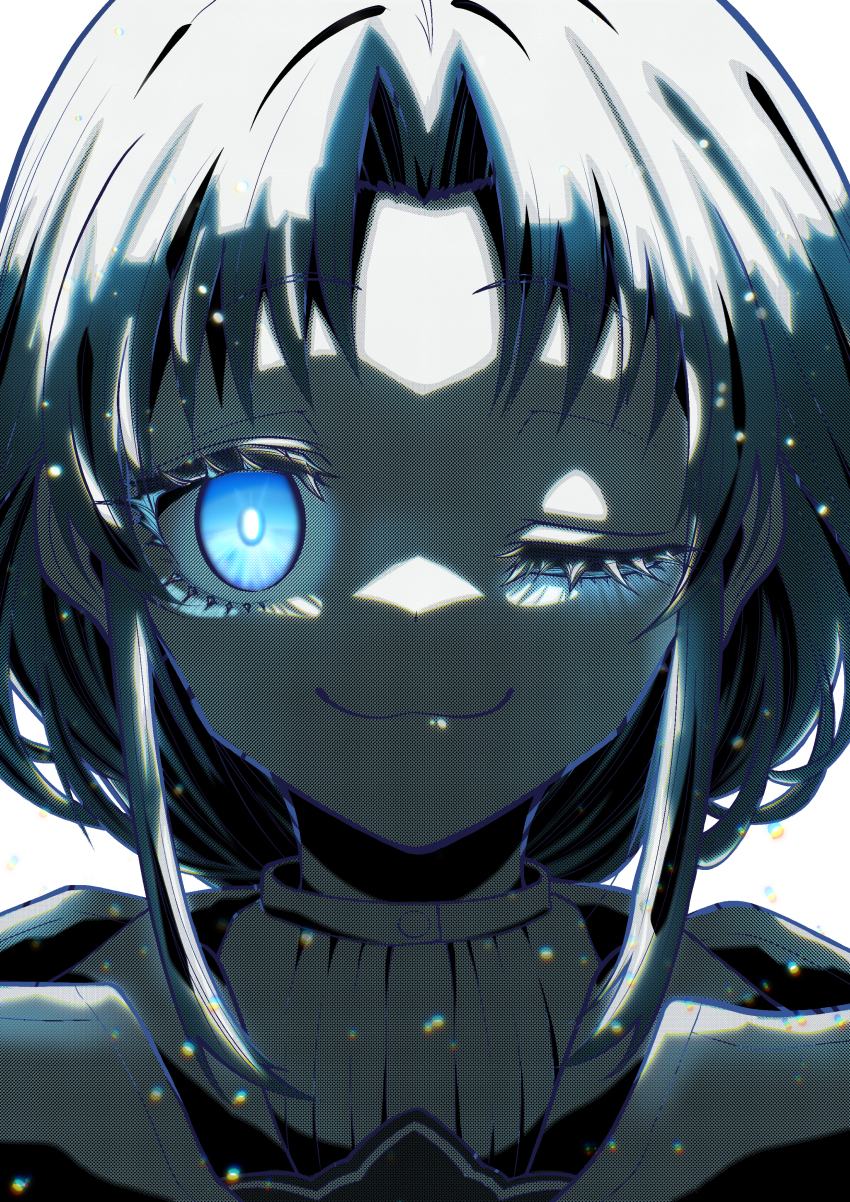 1girl, :3, absurdres, blue_eyes, blue_hair, blue_light, eyebrows_hidden_by_hair, glowing