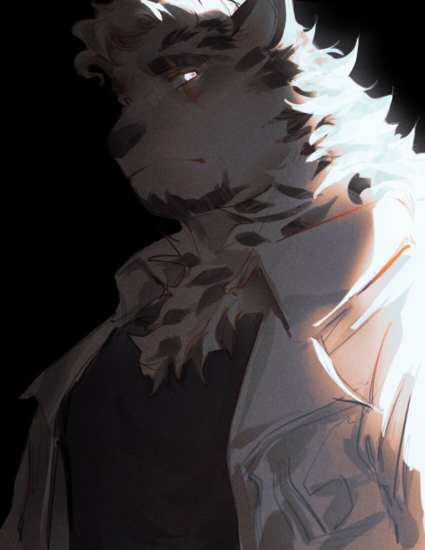 1boy, absurdres, animal_ears, arknights, bara, black_background, black_shirt, commentary