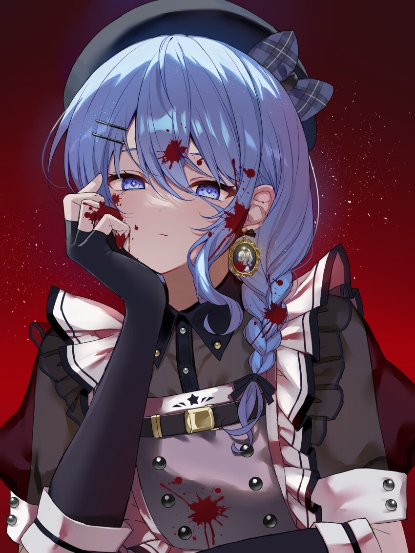 0th_generation_(hololive), 1girl, ahoge, apron, arm_support, belt, beret, black_bow