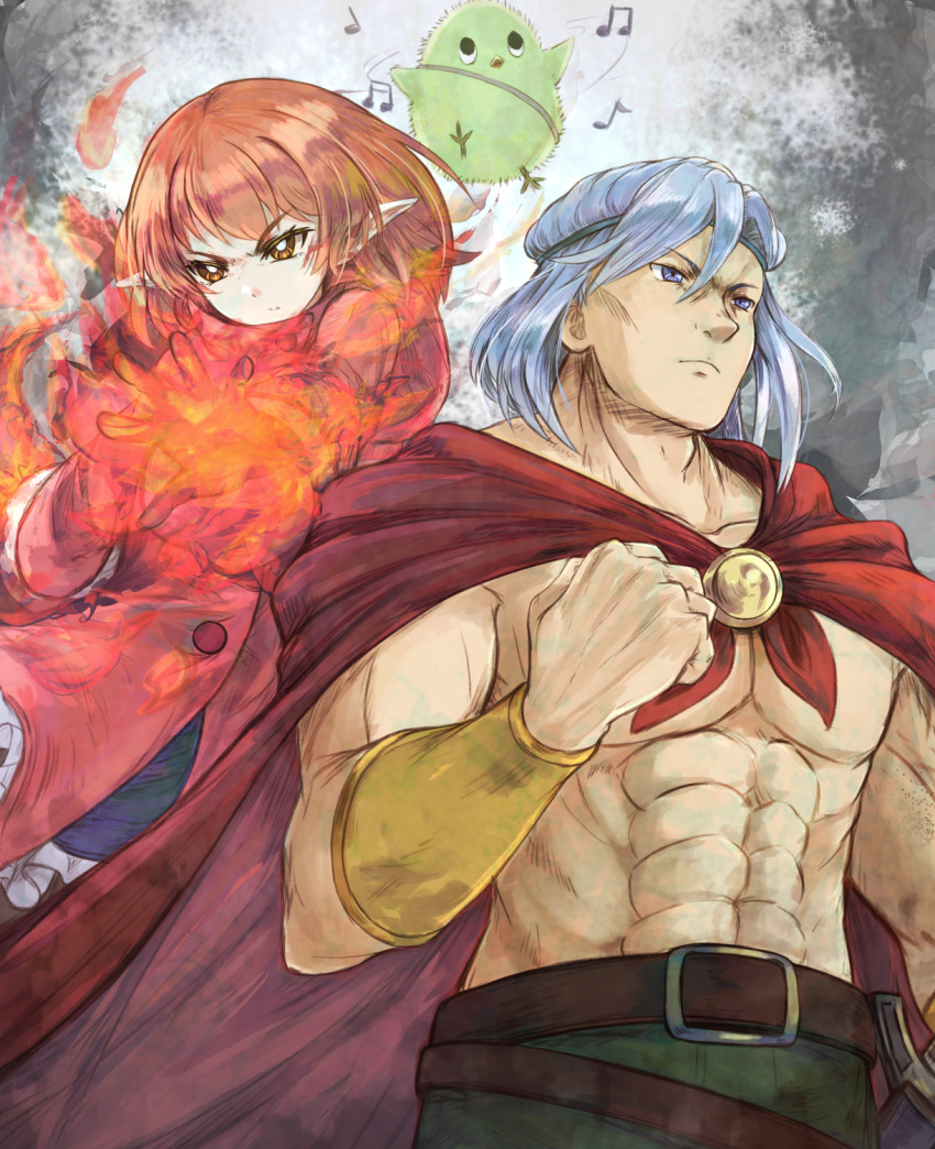 1boy, 1girl, abs, belt, belt_buckle, blue_eyes, blue_hair, blush