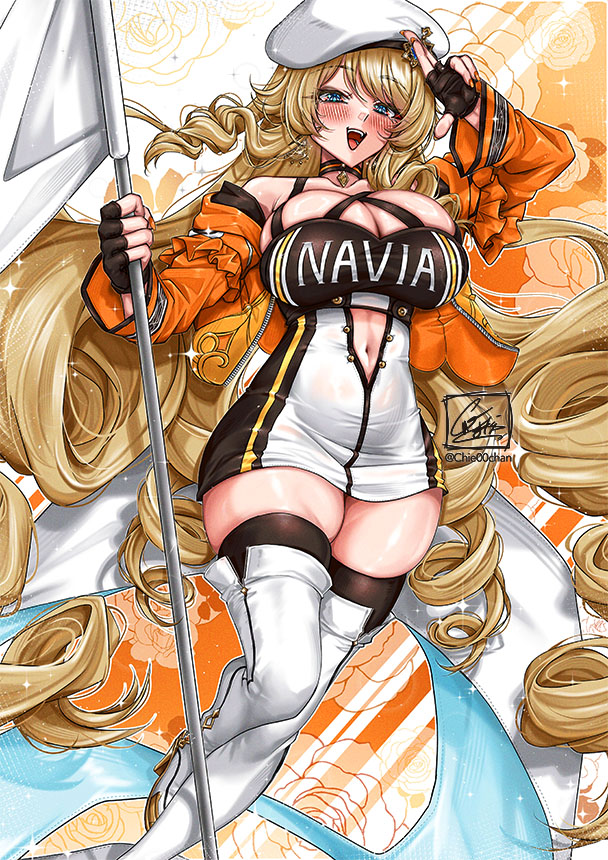 1girl, :d, beret, black_choker, black_gloves, blonde_hair, blue_eyes, blush