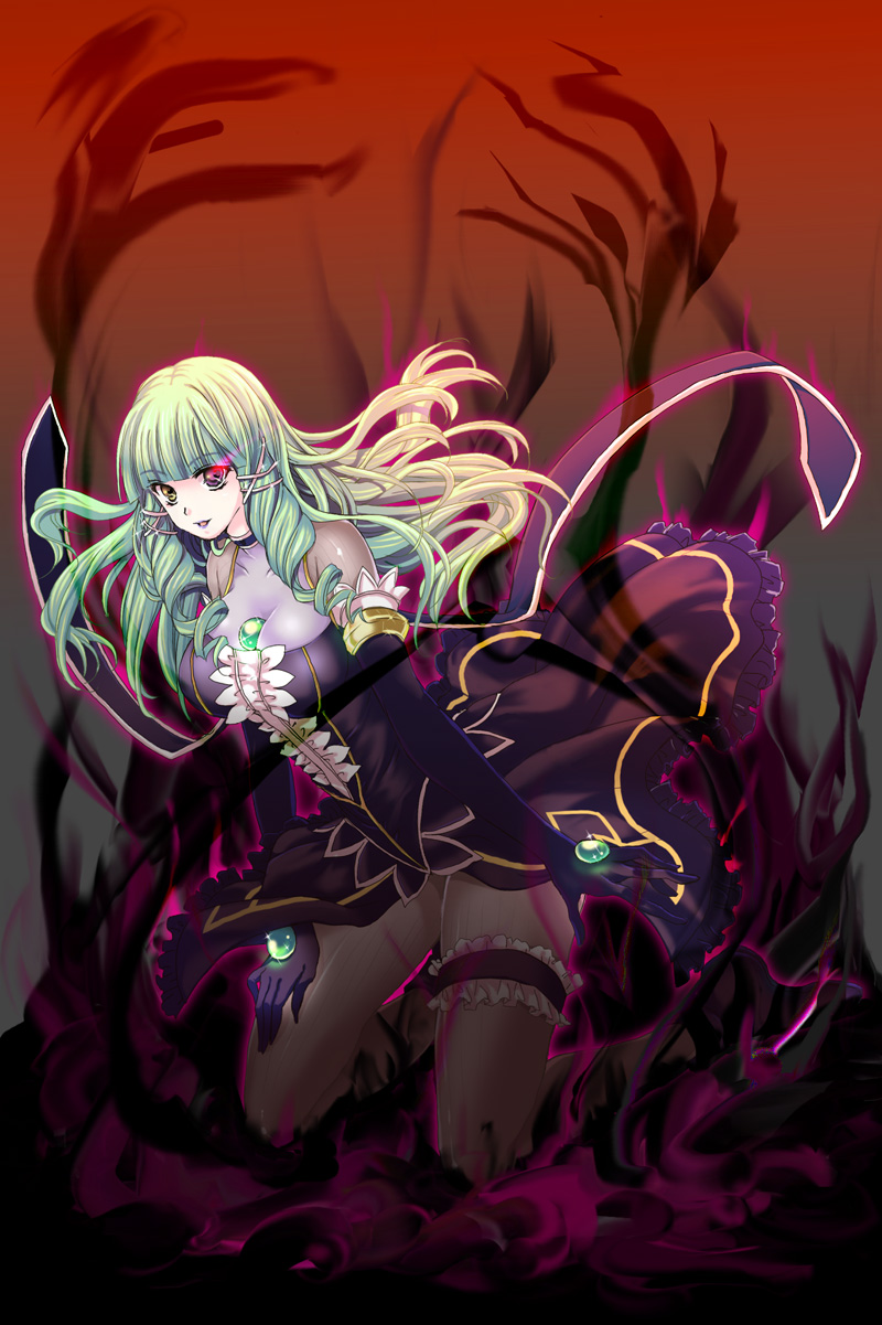 1girl, drill_hair, elbow_gloves, emeraude_(tales), emeraude_(tales_of_graces), female_focus, frilled_thigh_strap, gloves, glowing, glowing_eyes, gradient_background, green_hair, grey_background, heterochromia, highres, hozumi_(8/1), orange_background, pantyhose, red_eyes, solo, tales_of_(series), tales_of_graces, thigh_strap, trenety, yellow_eyes