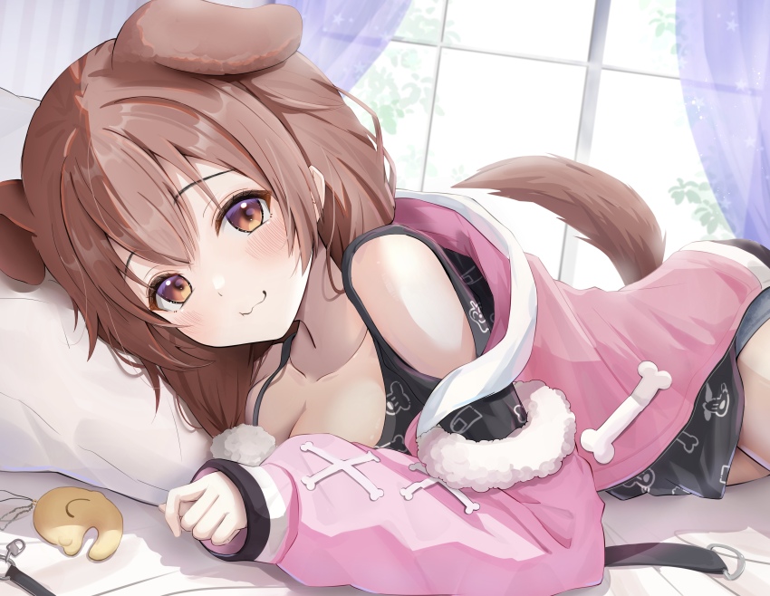 1girl, :3, absurdres, animal_ears, animal_print, black_shirt, blush, bone_print