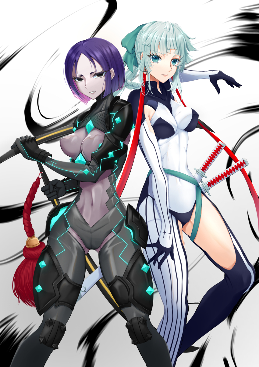 1girl, armor, armpit_cutout, belt, black_armor, black_bodysuit, black_eyes, bodysuit